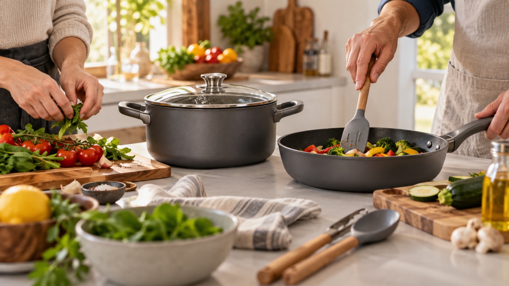 Cena ilustrativa com duas pessoas preparando legumes com panelas em uma cozinha